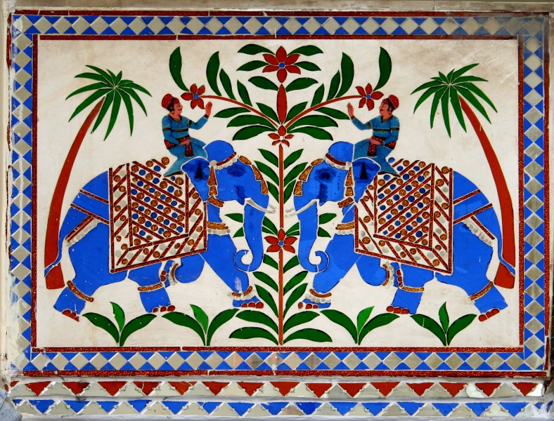 Two blue elephants with mahout, mosaic, Udaipur, Rajasthan, India