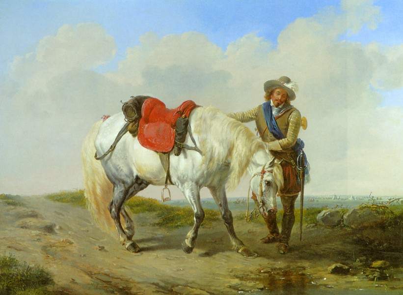 Verboeckhoven Eugene Joseph A Cavalier watering his Mount 1852 Oil On Panel