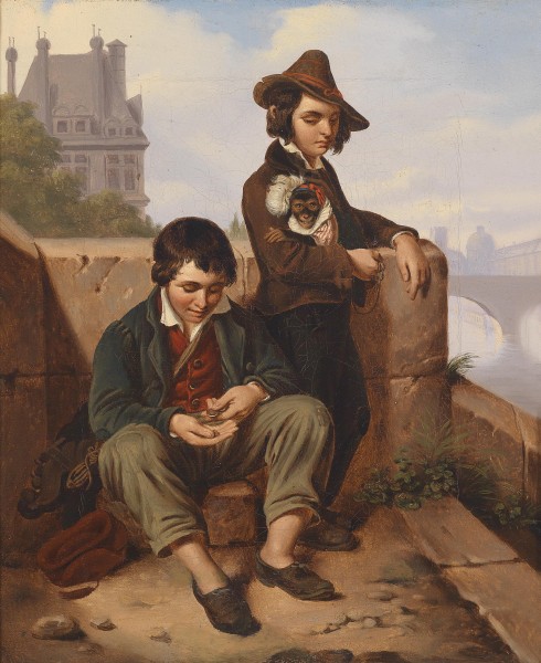Zwei Bettlerjungen mit einem Affen am Ufer der Seine