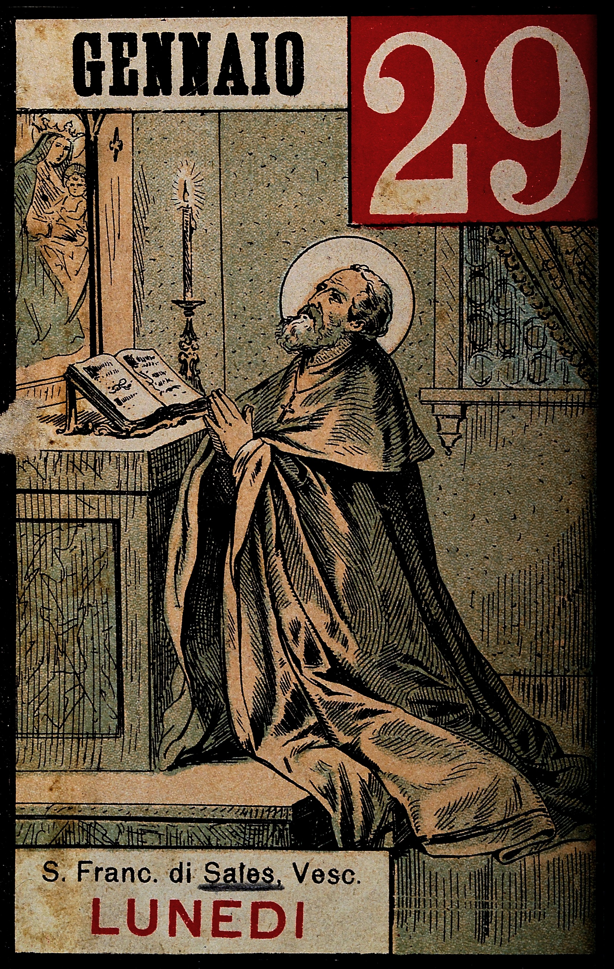 Saint Francis of Sales kneeling behind an altar, praying. Wellcome V0032004
