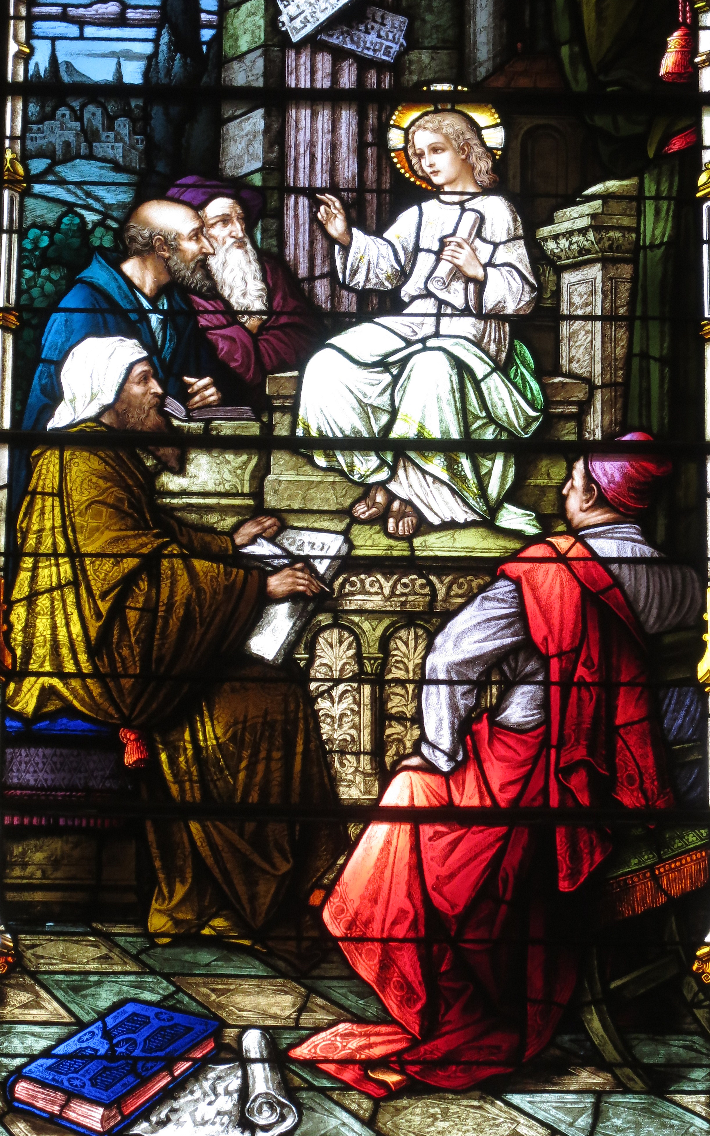Saint Julie Billiart Catholic Church (Hamilton, Ohio) - stained glass, Christ Among the Doctors, detail