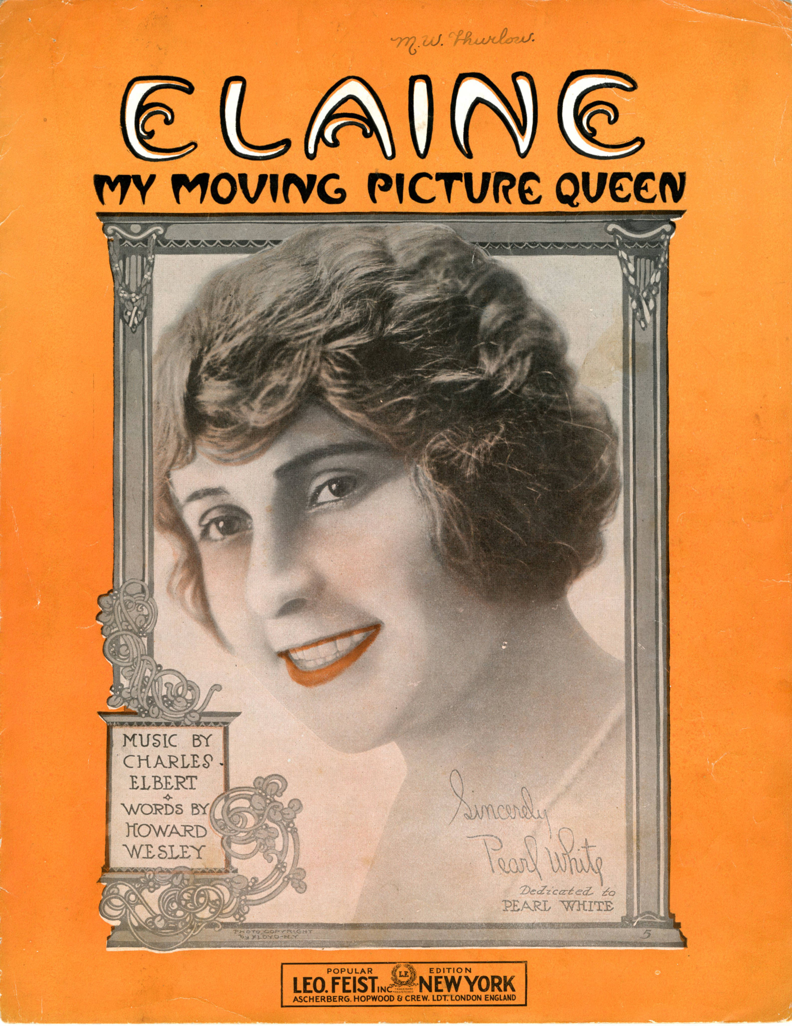 Sheet music cover - ELAINE - MY MOVING PICTURE QUEEN (1915)