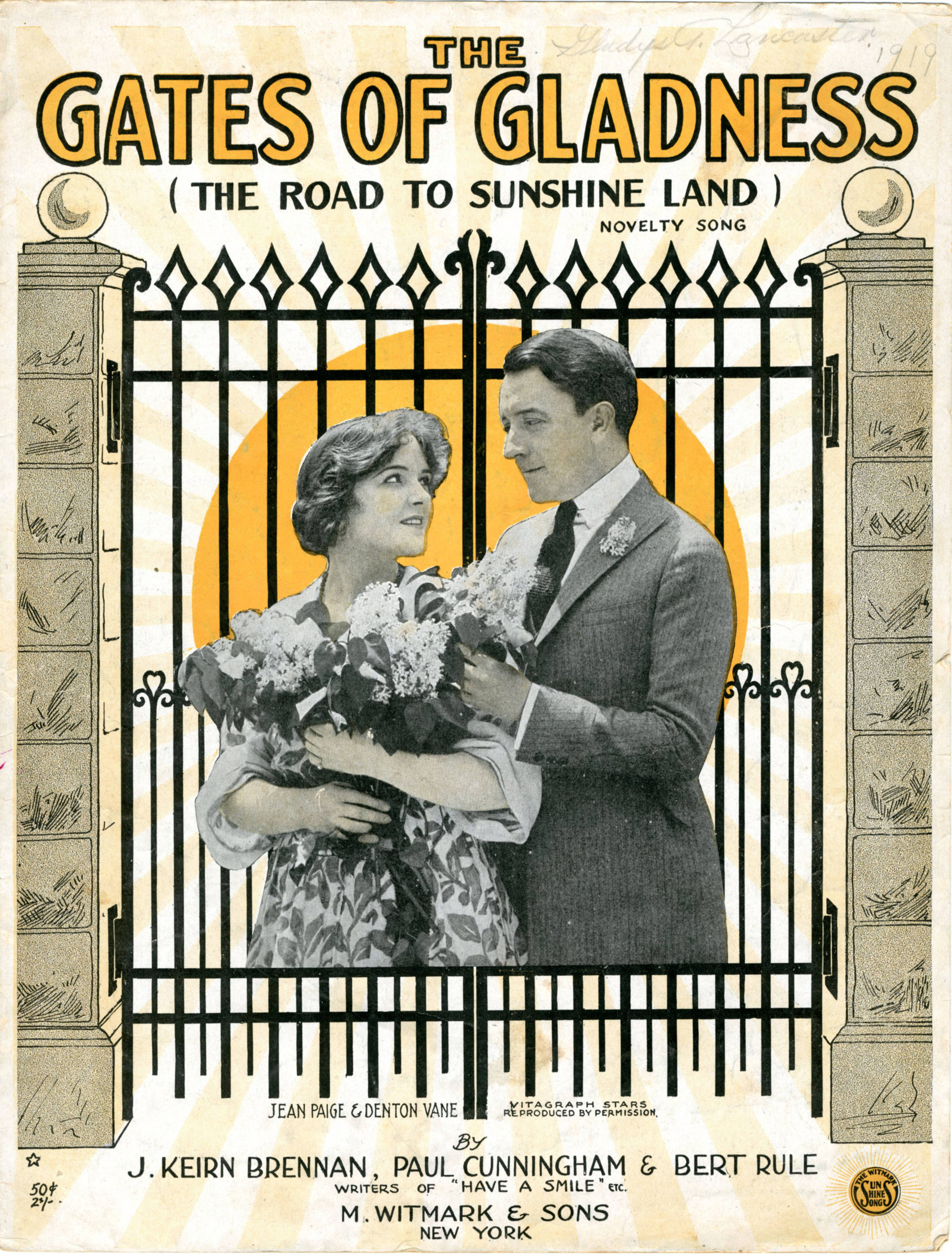 Sheet music cover - THE GATES OF GLADNESS - ON THE ROAD TO SUNSHINE LAND (1919)