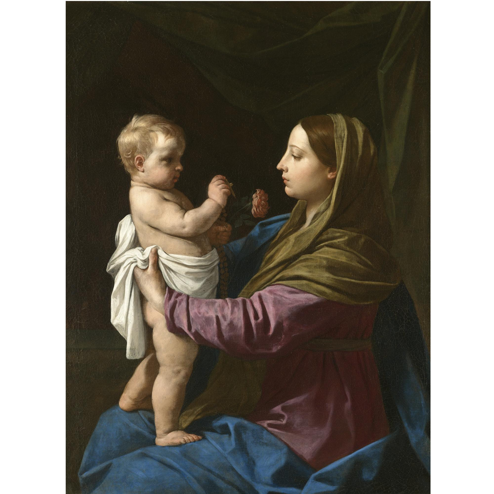Simone Cantarini - The Madonna and Child Holding A Rosary Crucifix and a Rose (Madonna Della Rosa)