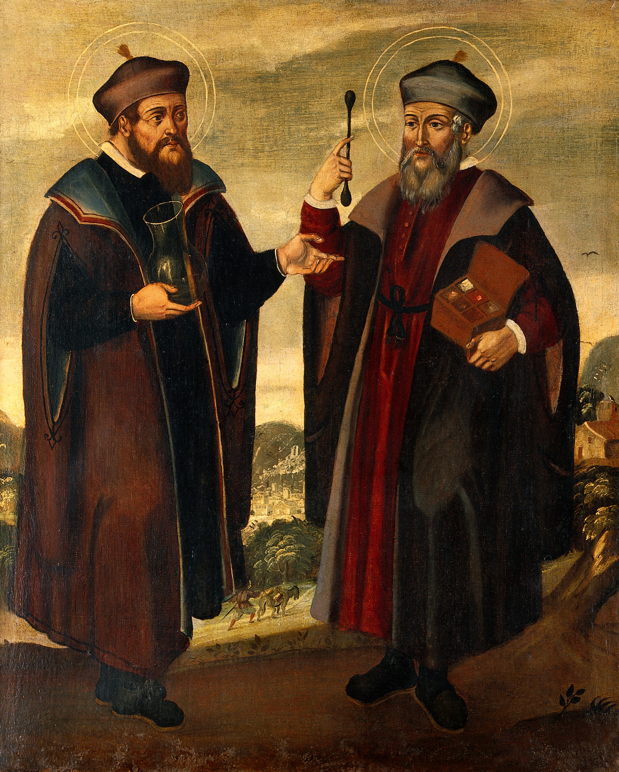 SS. Cosmas and Damian in a landscape. Oil painting, 17th c. Wellcome V0017401
