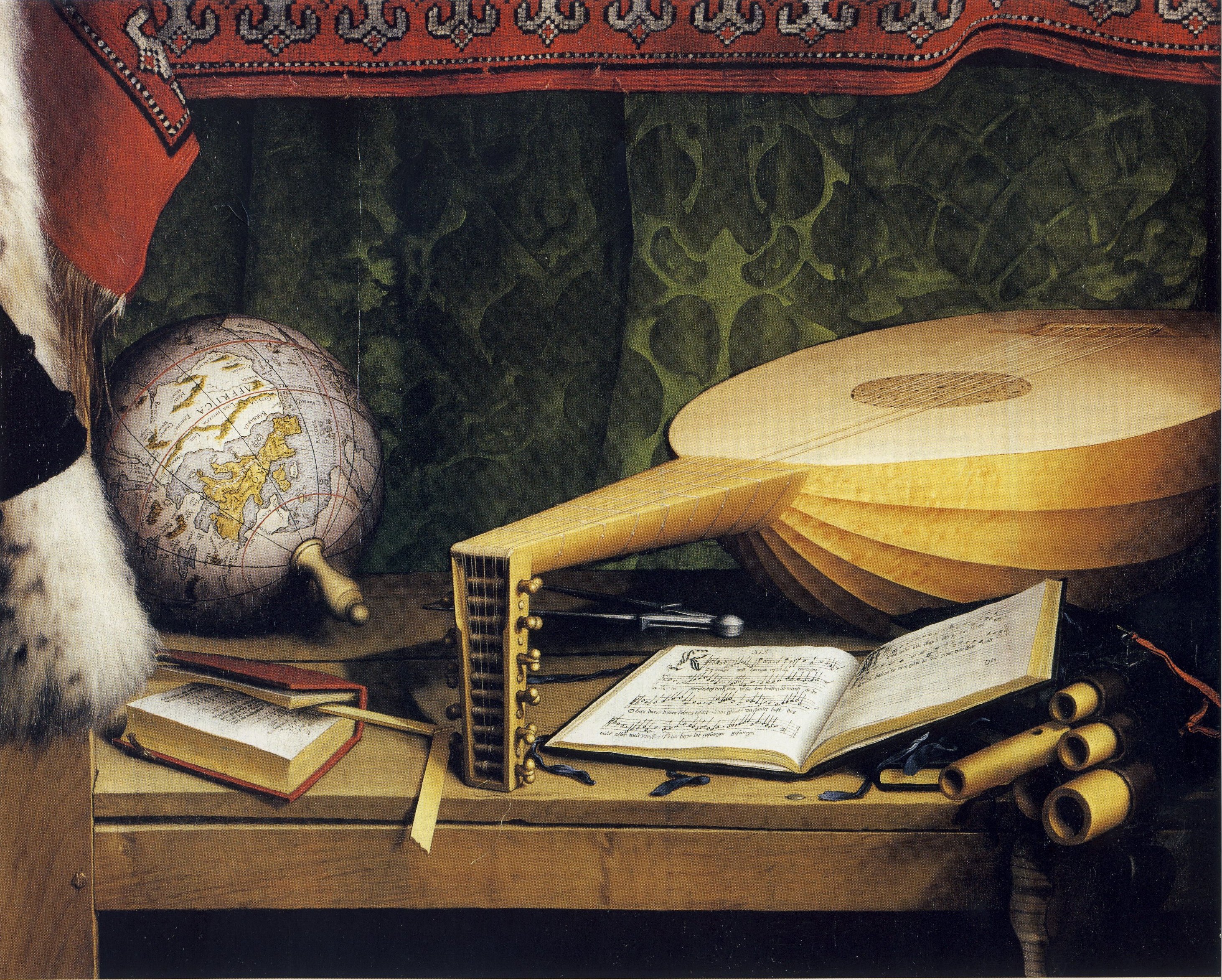 The Ambassadors, detail of globe, lute, and books, by Hans Holbein the Younger of Death, by Hans Holbein the Younger