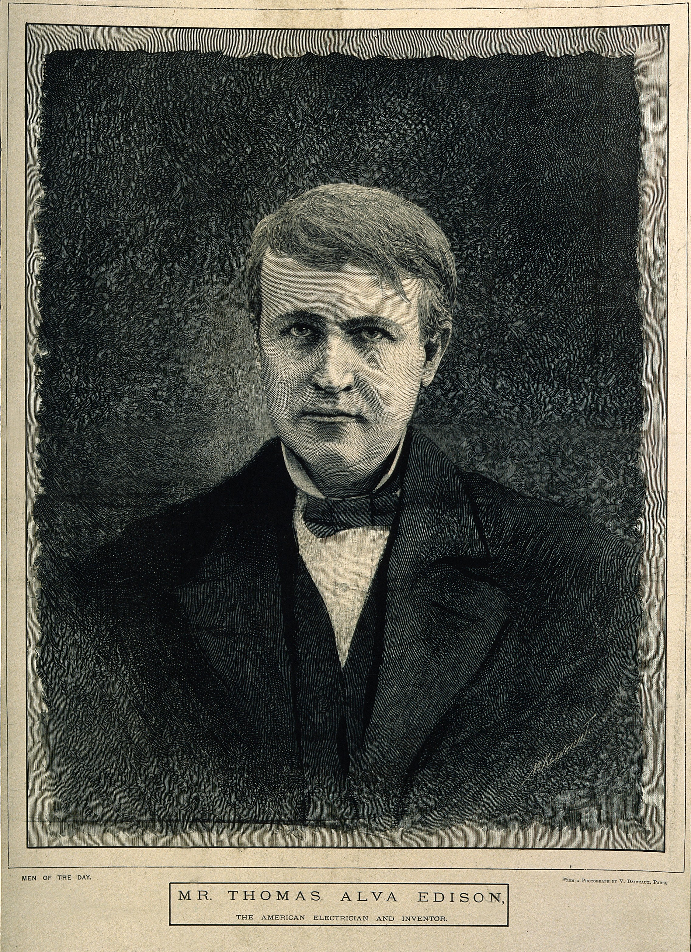 Thomas Alva Edison. Wood engraving by M. K. L. Wright after Wellcome V0001736