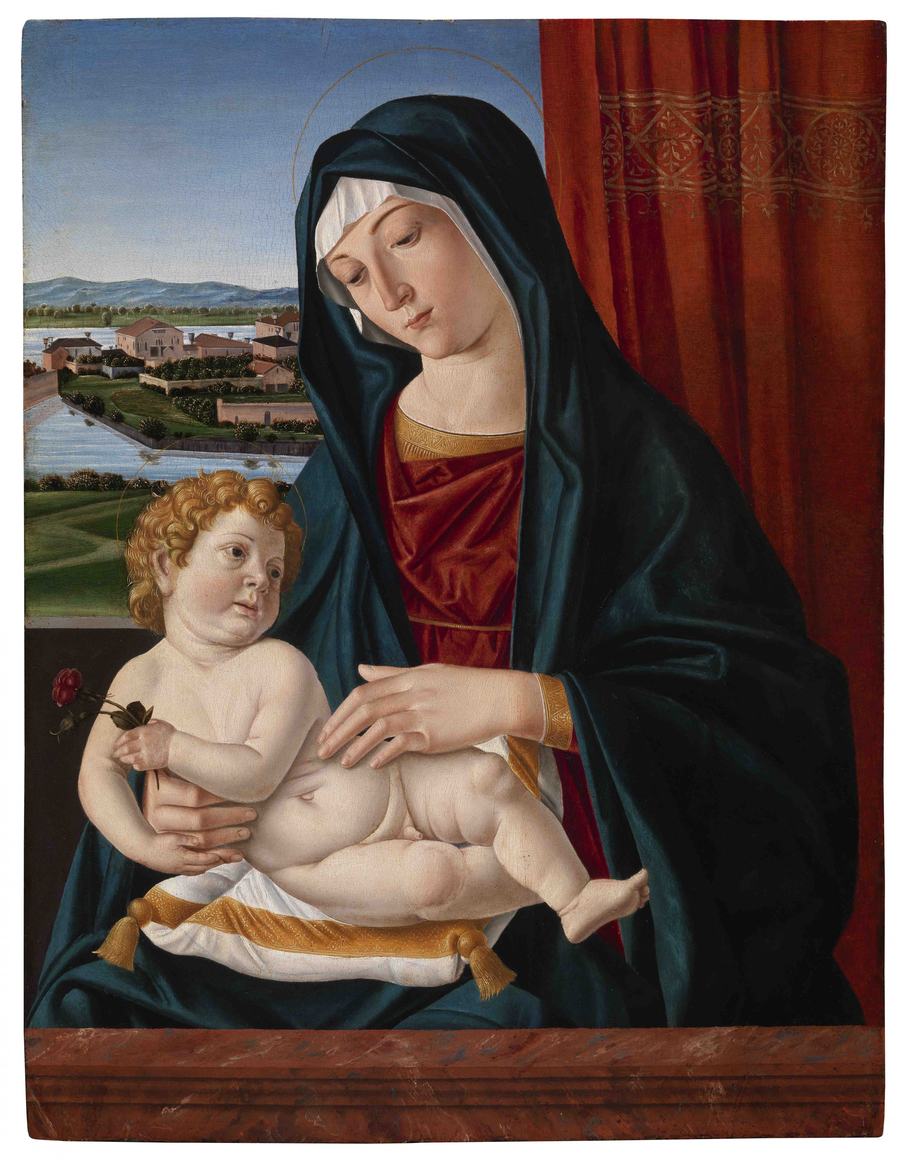Cristoforo Caselli, Madonna and Child with a rose on a venetian lagoon background