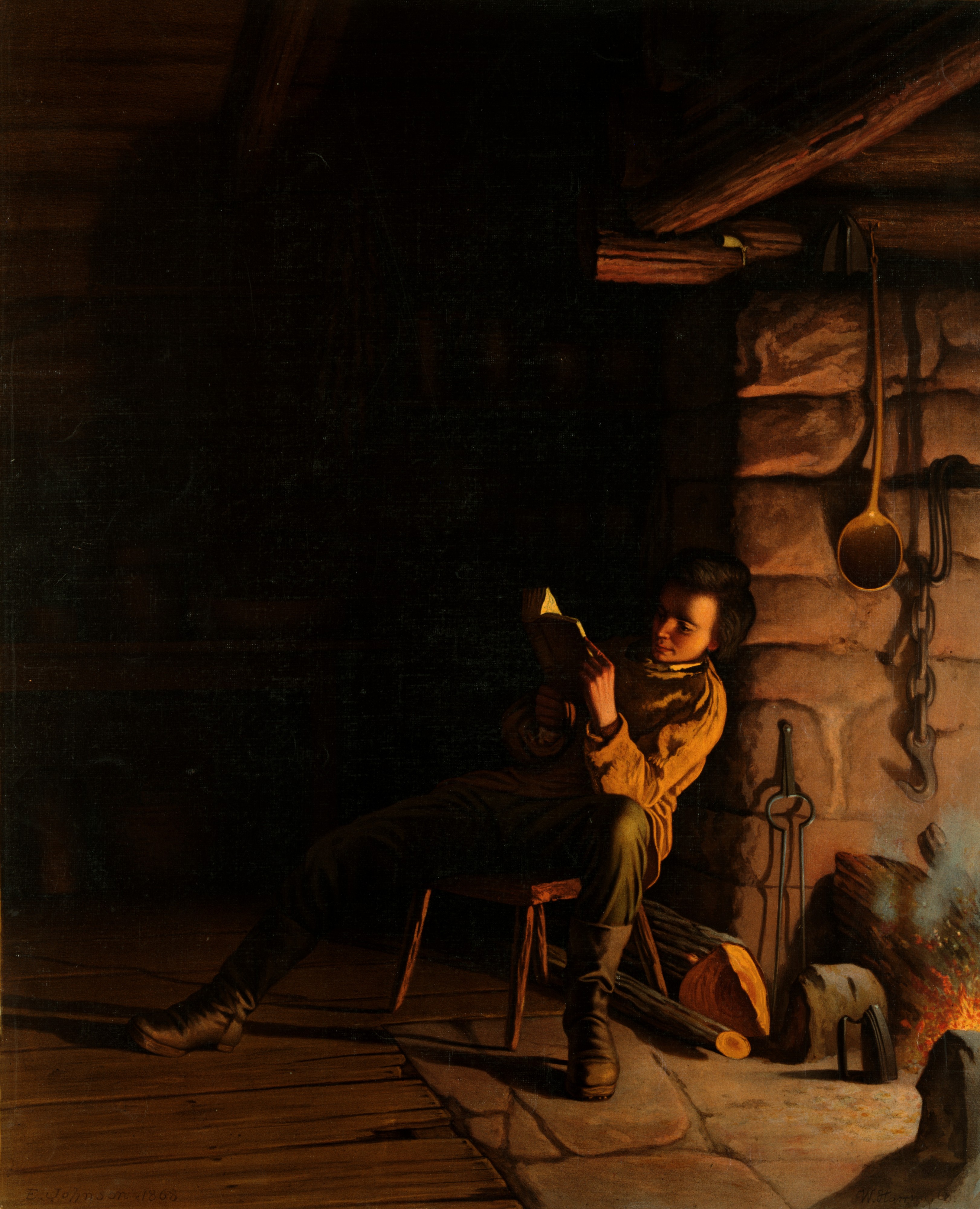 Eastman Johnson, The boyhood of Lincoln, an evening in the log hut, 1868