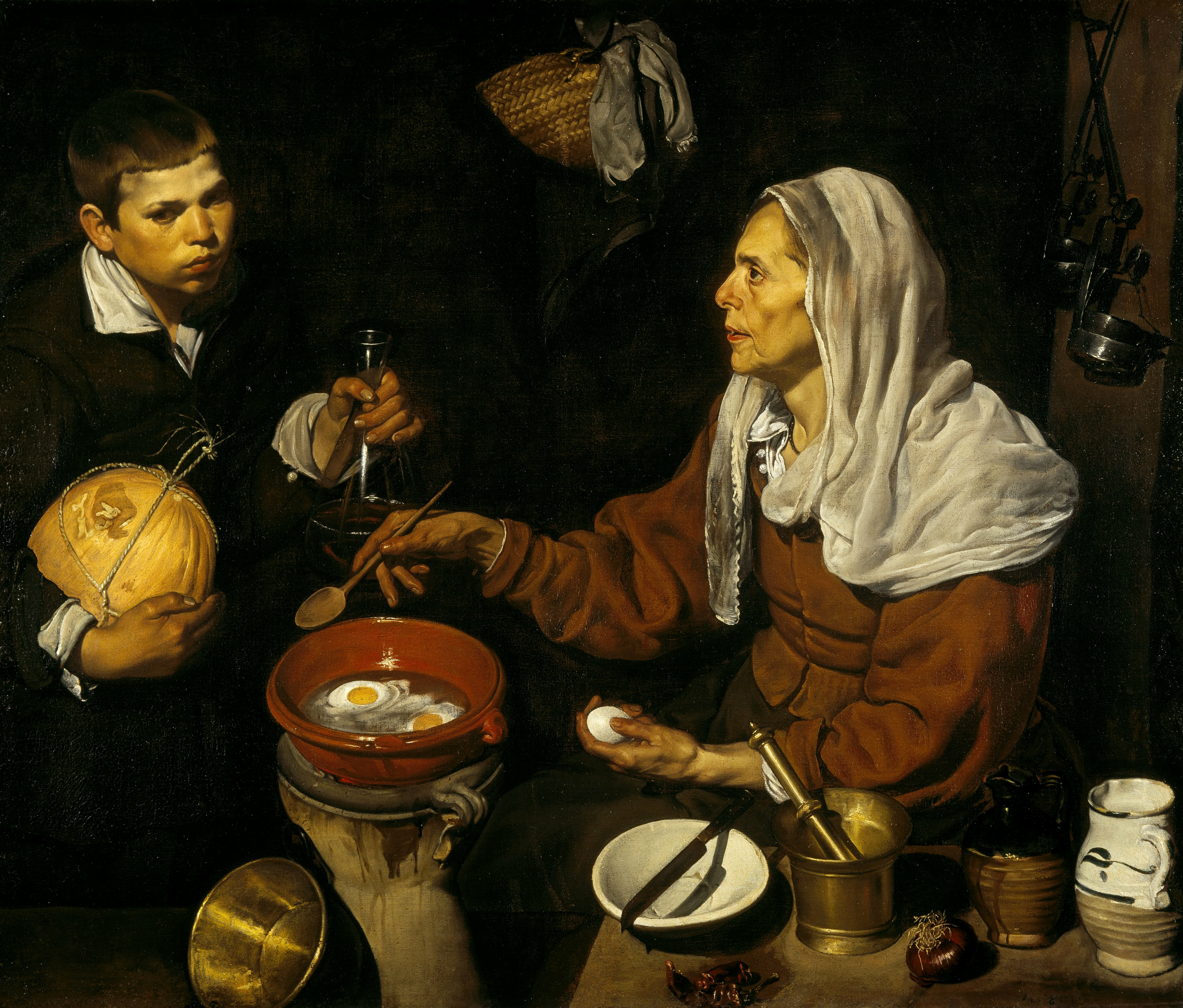 VELÁZQUEZ - Vieja friendo huevos (National Galleries of Scotland, 1618. Óleo sobre lienzo, 100.5 x 119.5 cm)