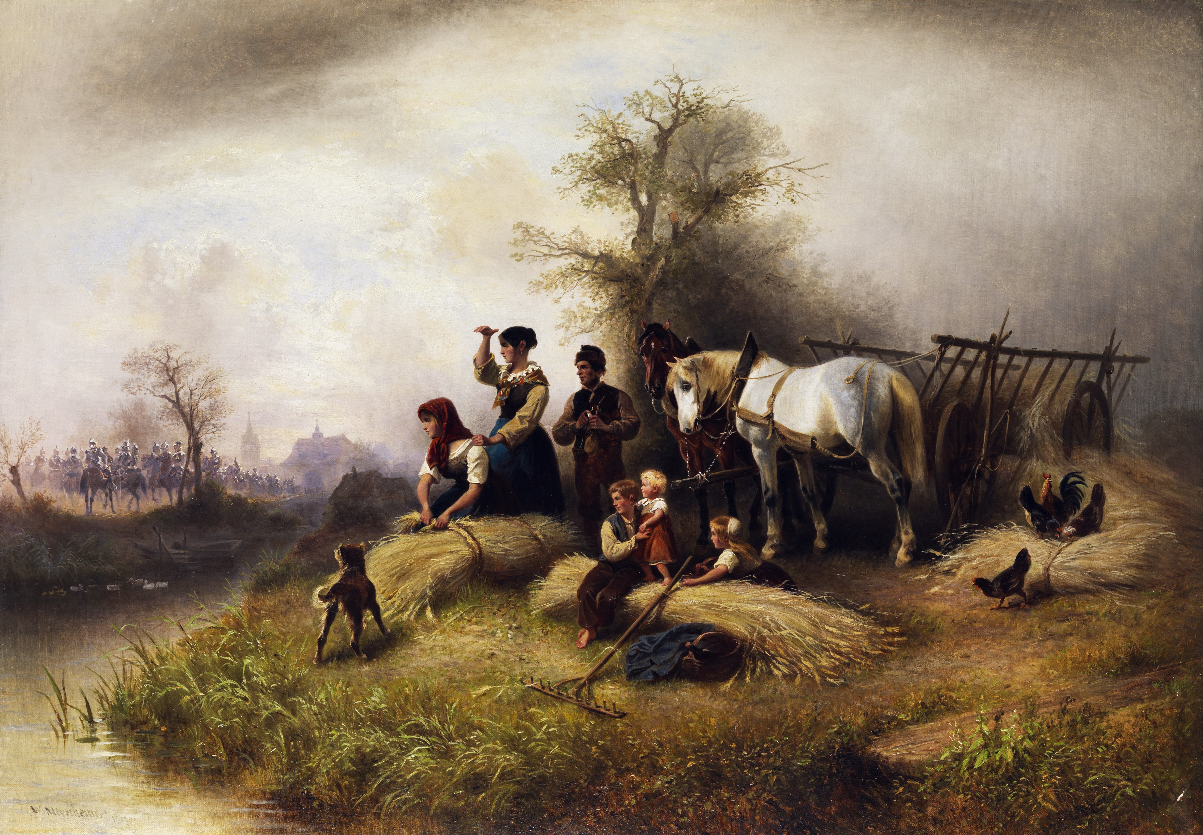 Wilhelm Alexander Meyerheim Bauernfamilie bei der Kornernte und Kavallerie
