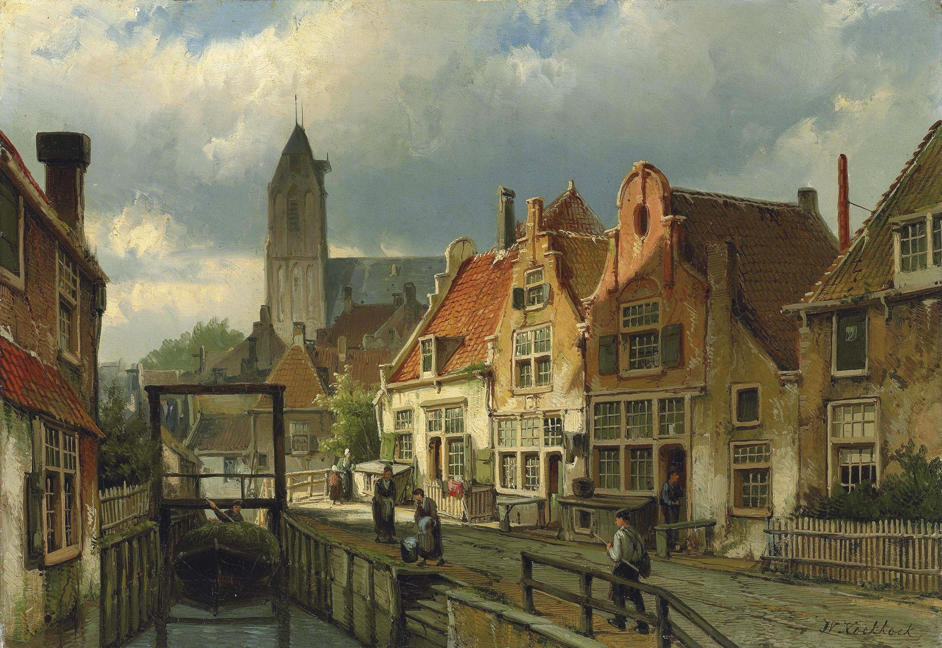 Willem Koekkoek - Figures on a Canal in Oudewater, Holland