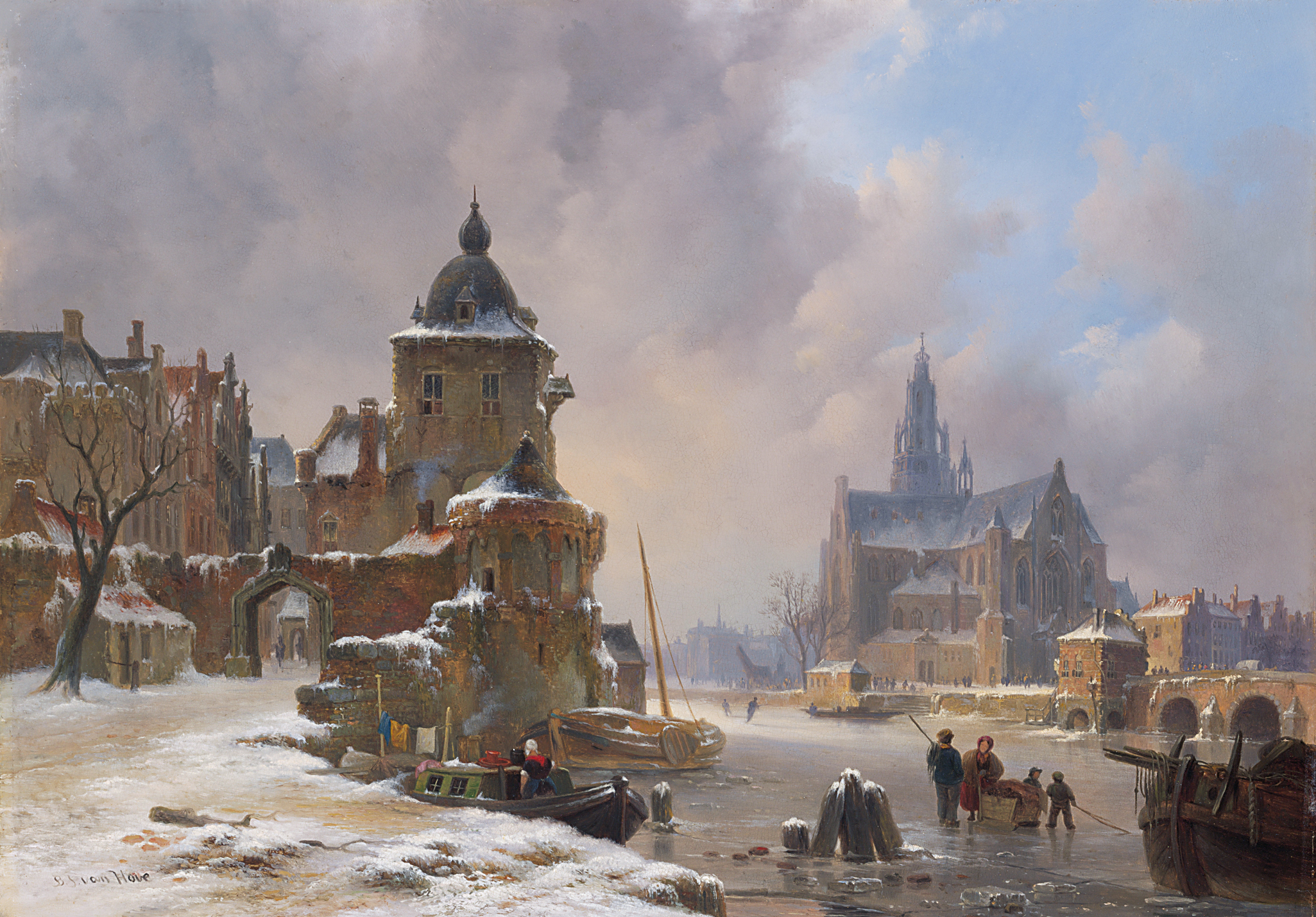 Winter cityscape with frozen river, by Bartholomeus Johannes van Hove
