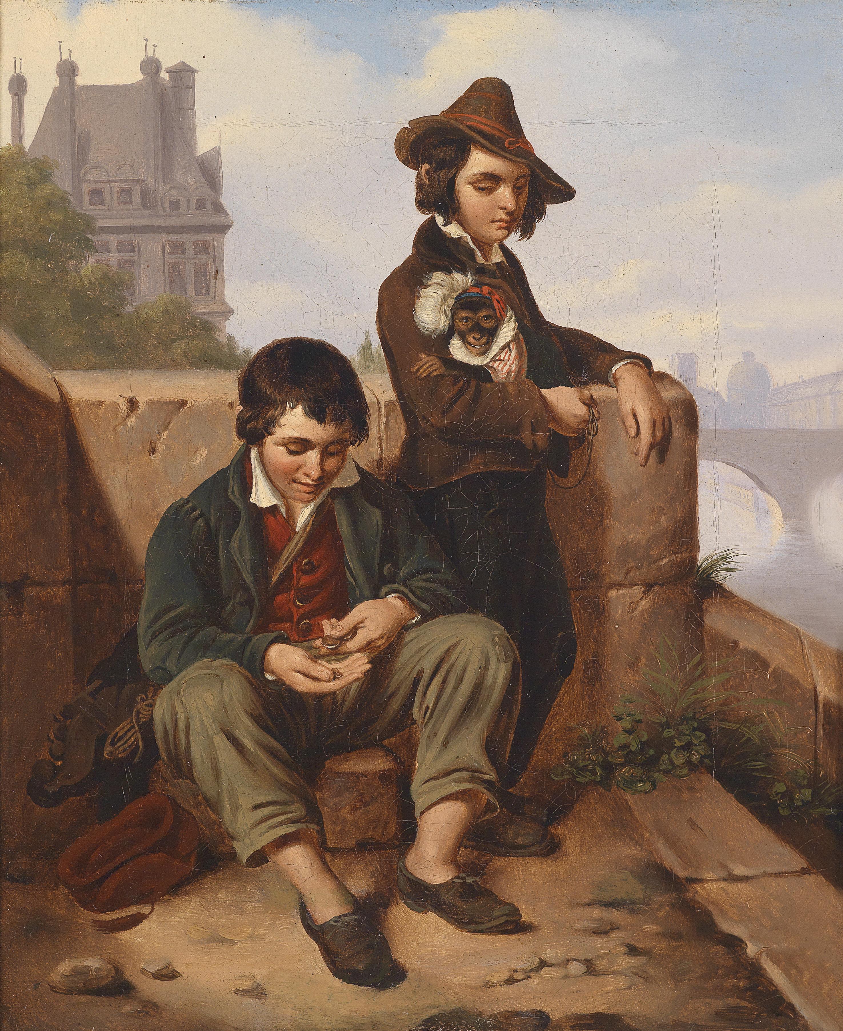 Zwei Bettlerjungen mit einem Affen am Ufer der Seine