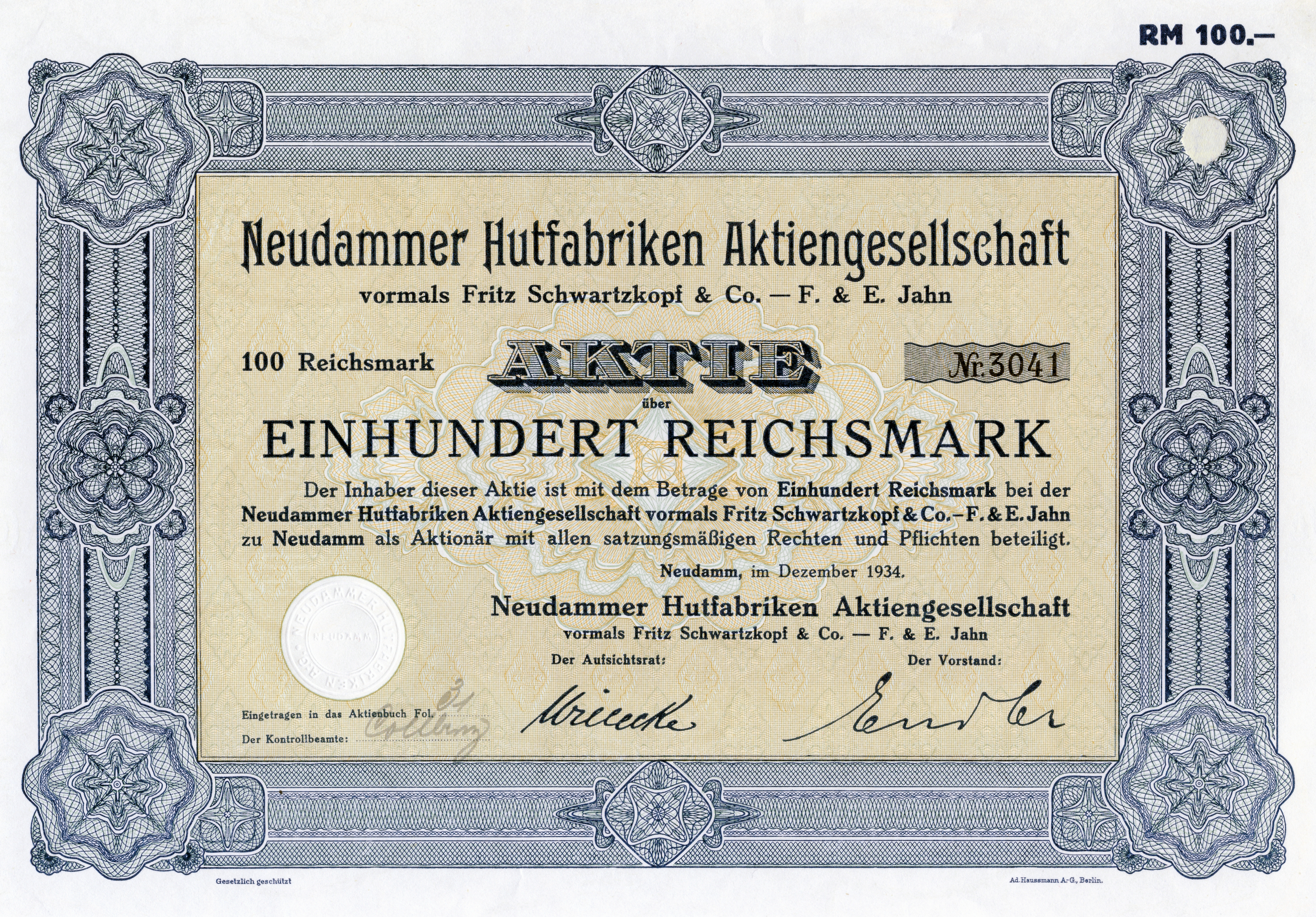 Neudammer Hutfabriken Aktiengesellschaft 1934