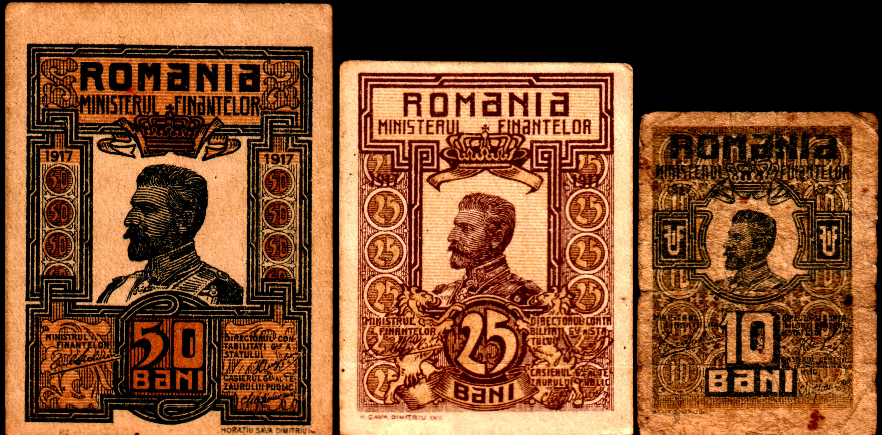Bancnote 50 bani, 25 bani, 10 bani, Ferdinand 1917