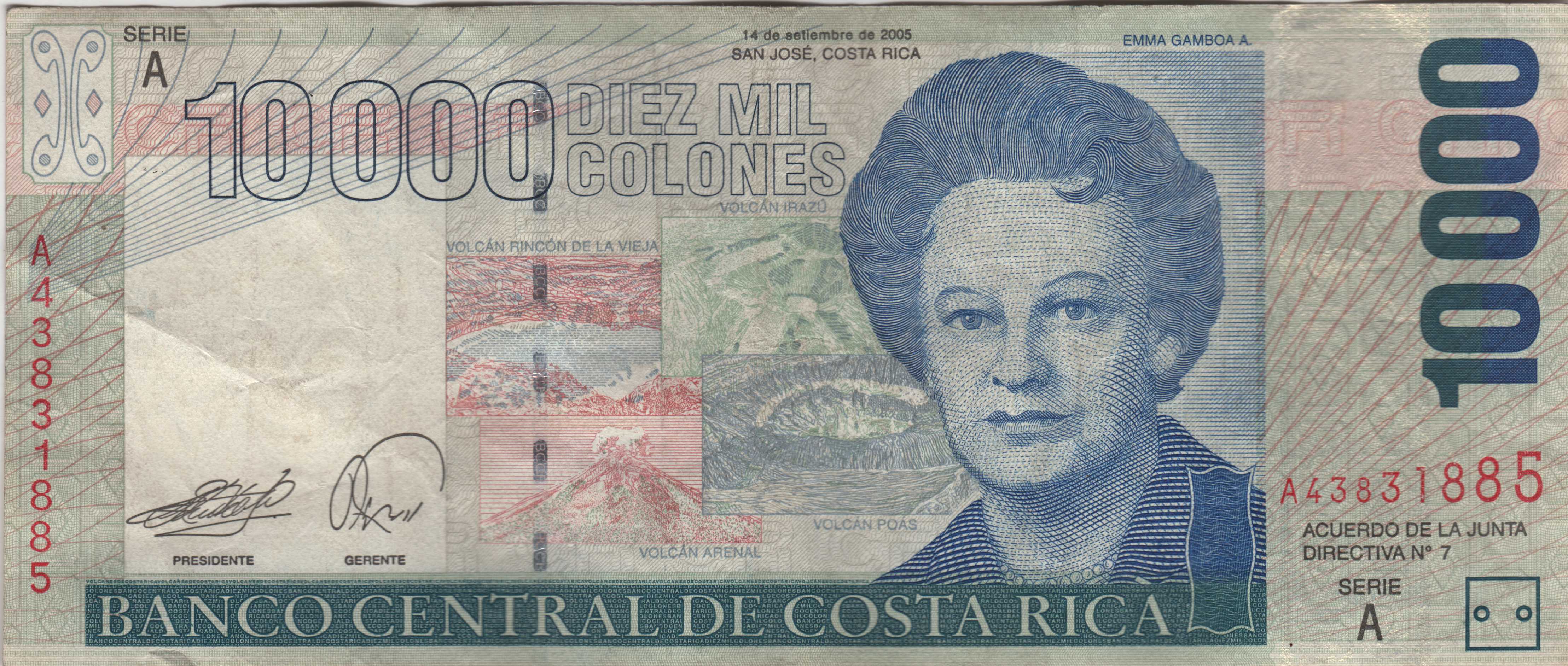 Billete de 10000 colones Costa Rica ANVERSO