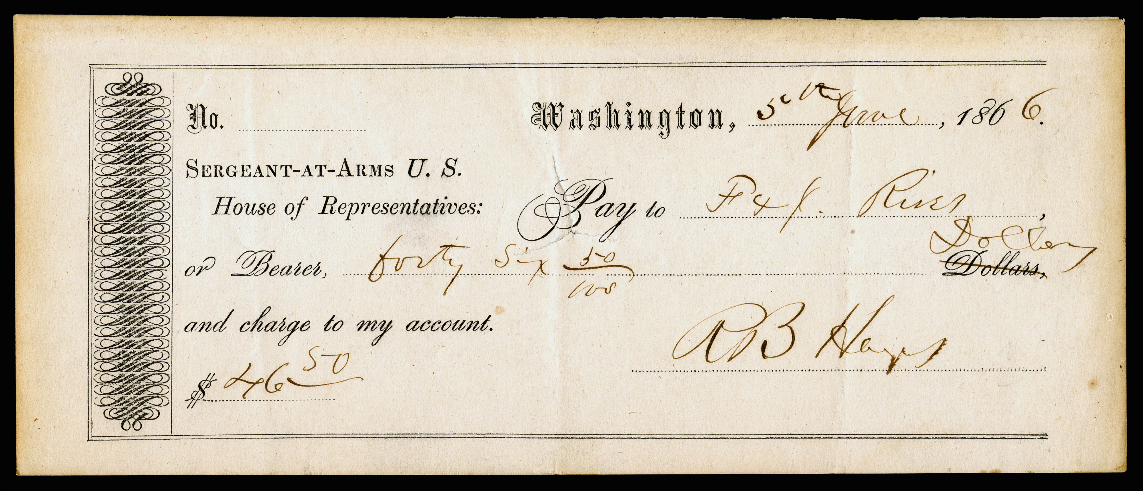 HAYES, Rutherford B (signed check)