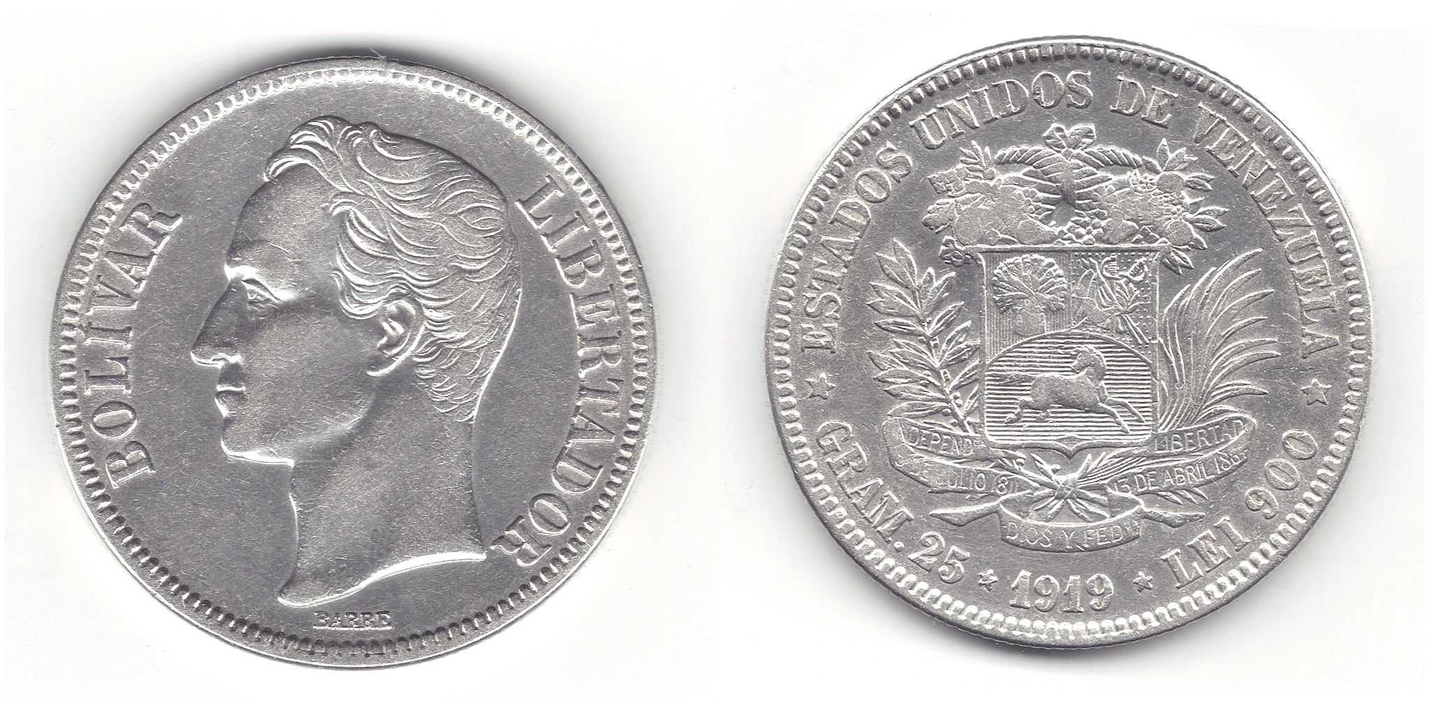 Moneda Venezolana de 5 Bolivares de 1919