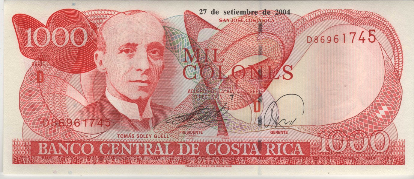 Billete de 1000 colones Costa Rica ANVERSO