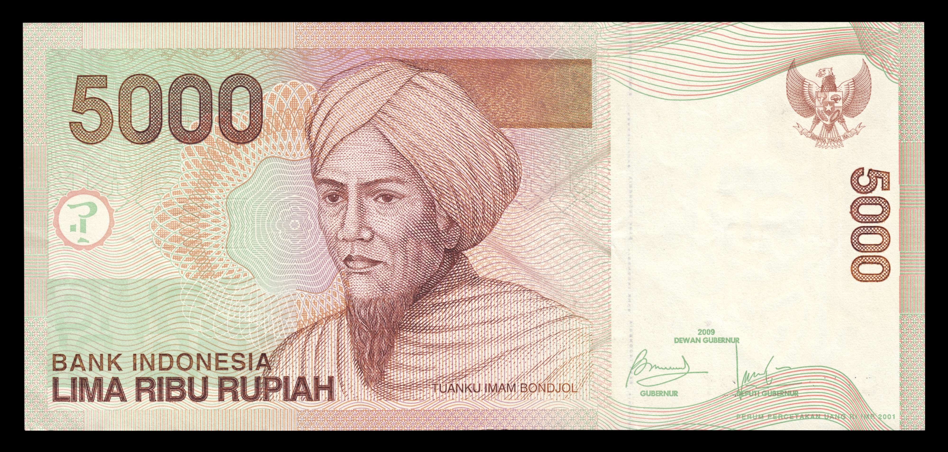 5000 rupiah bill, 2001 series (2009 date), processed, obverse