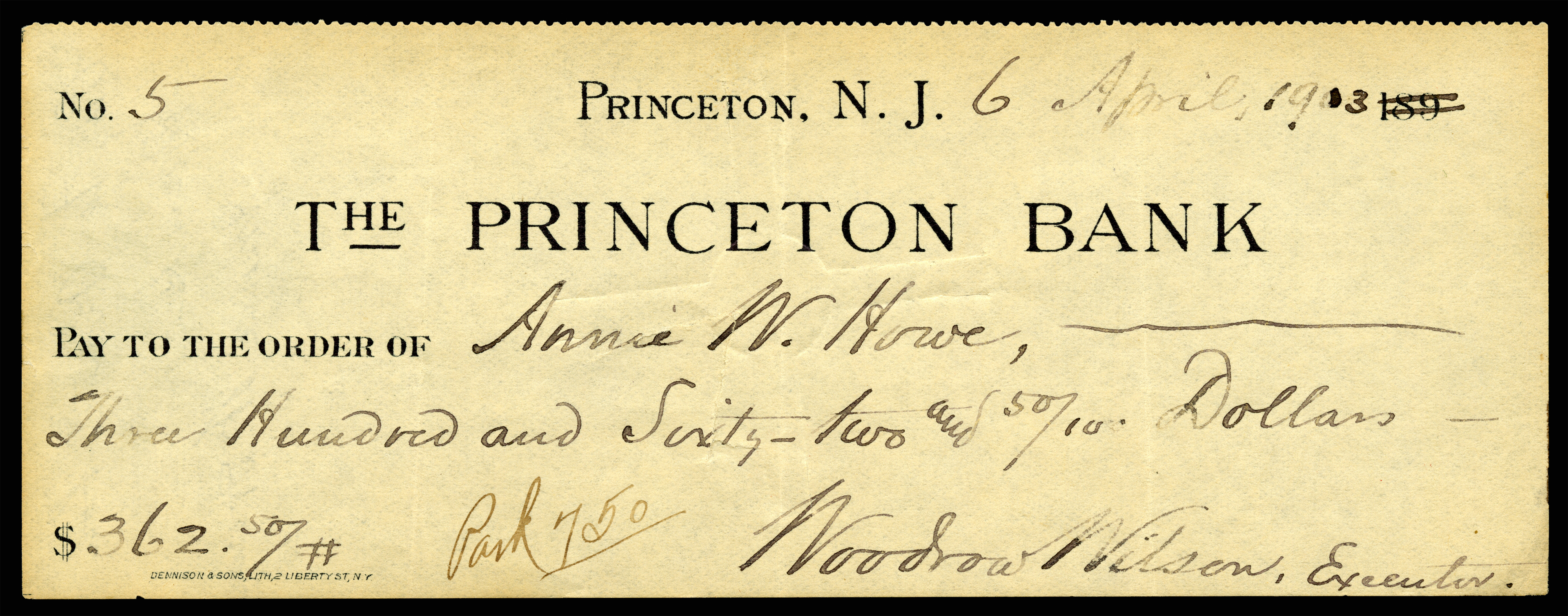 WILSON, Woodrow (signed check)