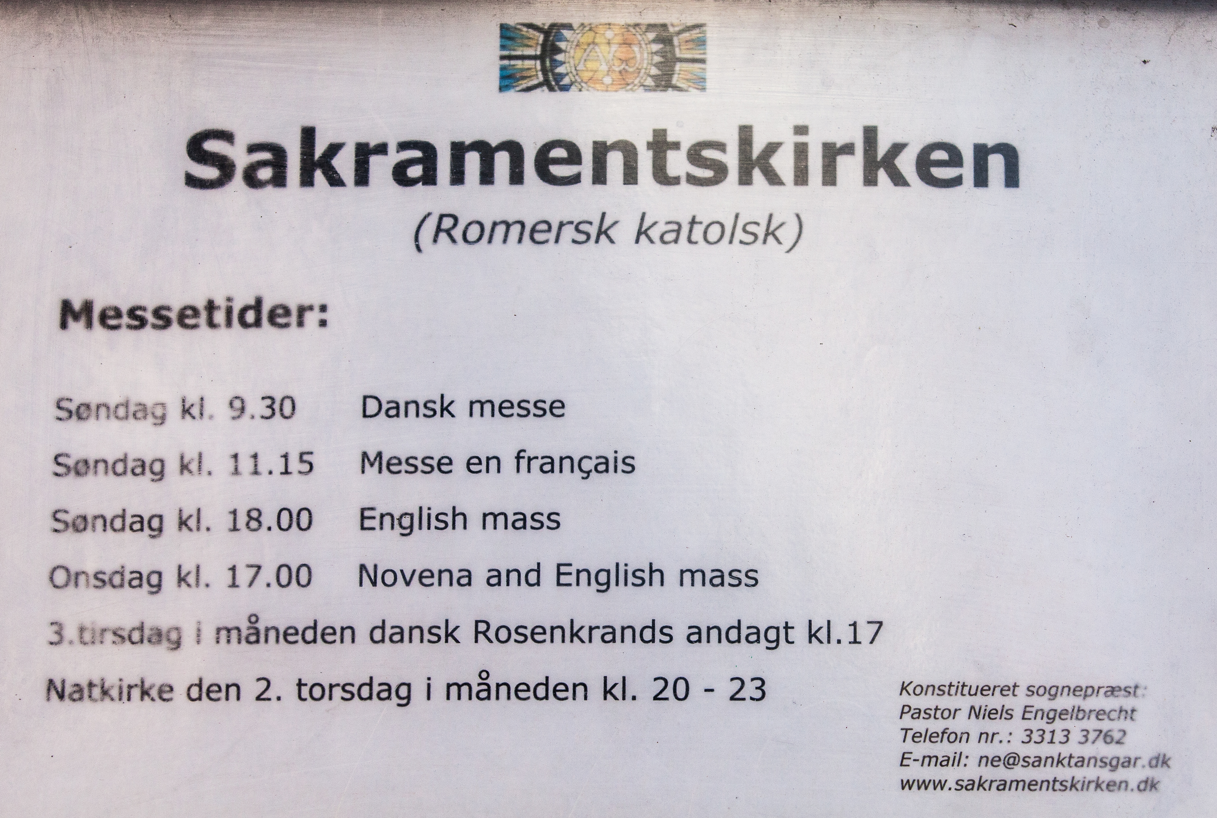 Sakramentskirken Holy Mass schedule (a Roman-Catholic church in Copenhagen), Denmark, June 2014, picture 55
