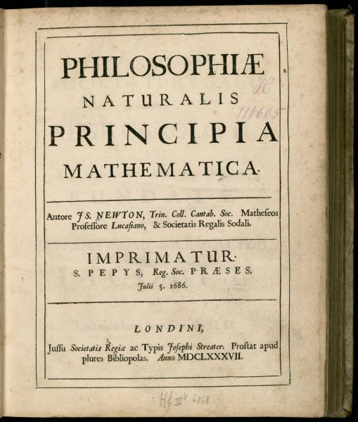 Newton - Principia (1687), title, p. 5, color