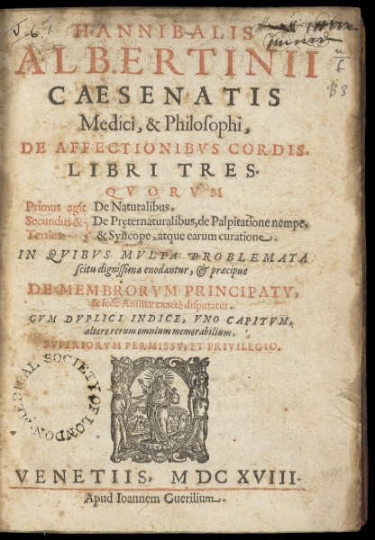 Titlepage; 'De affectionibus cordis libri tres' Wellcome L0051953