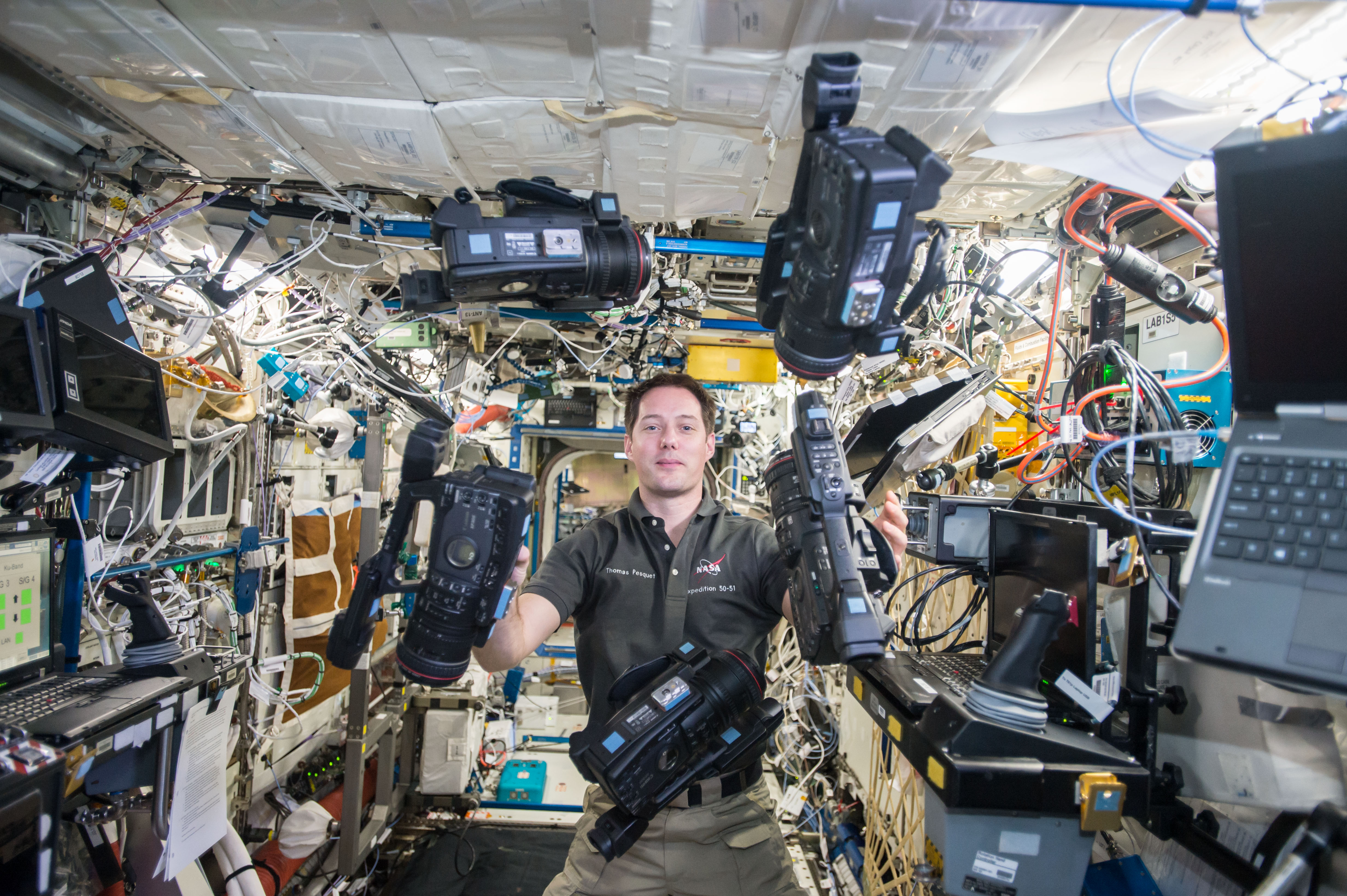 ISS-50 Thomas Pesquet with video cameras in the Destiny lab