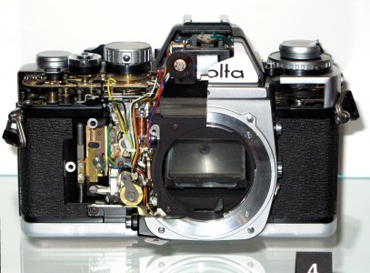 Cut-over Minolta SLR camera on display at Vevey photography museum