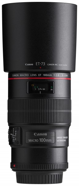 Canon EF 100mm f2.8L Macro IS USM front horizontal with hood
