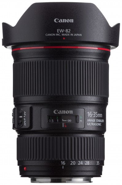 Canon EF 16-35mm f4L IS USM front horizontal with hood