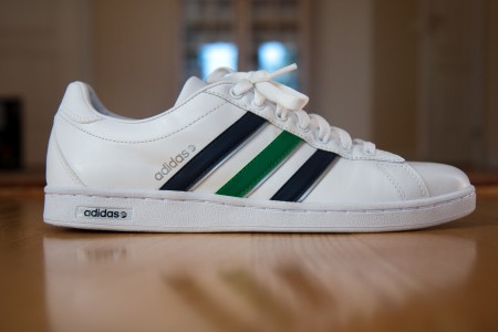An Adidas shoe with its trademark design-the three lines on the outside