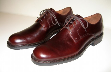 Men's Johnston & Murphy brand, derby style, brown, oil finish leather dress shoes with a single piece vamp and a heel cap
