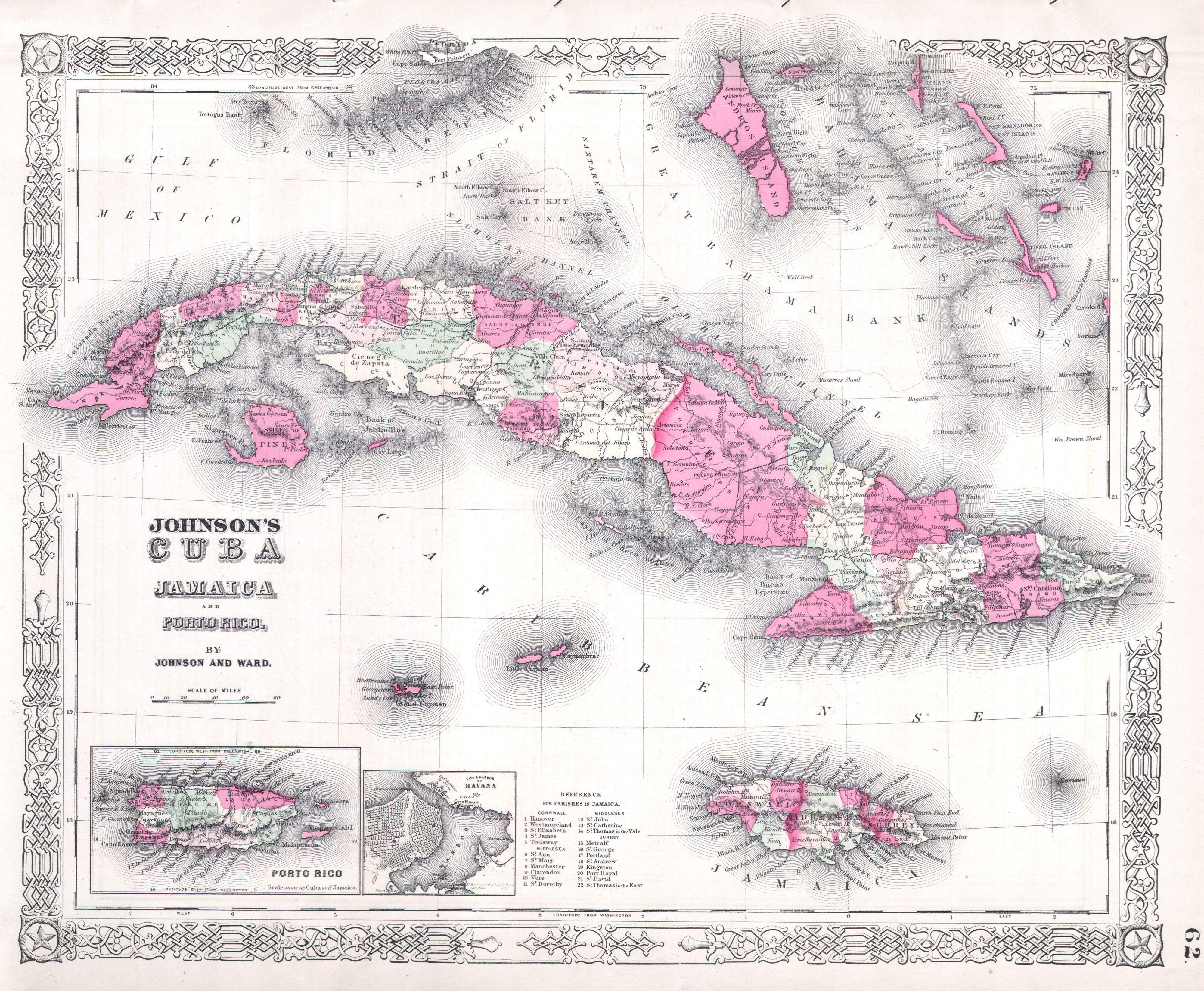 1864 Johnson's Map of Cuba, Jamaica, the Bahamas ^ Puerto Rico - Geographicus - Cuba-j-1864