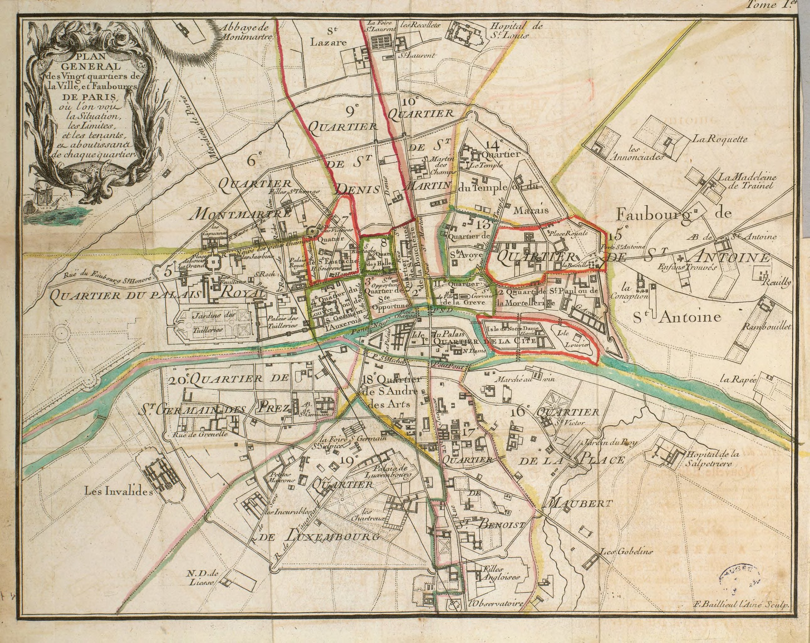 Plan général des vingt quartiers de la ville et faubourgs de Paris, par Jean-Baptiste Scotin (1678-?)