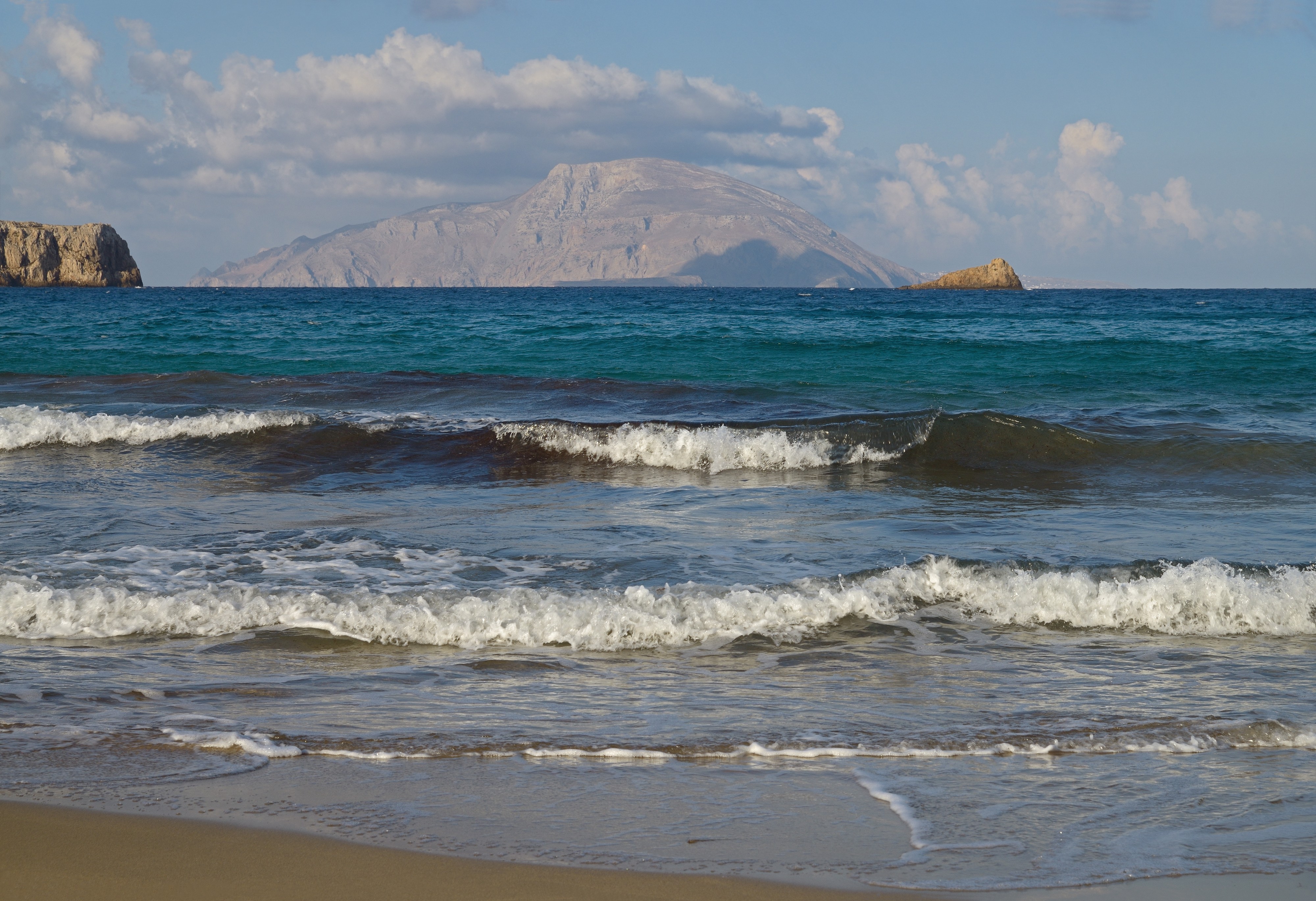 The island of Kassos in the morning. View from the Agios Nikolaos Beach. Karpathos, Greece