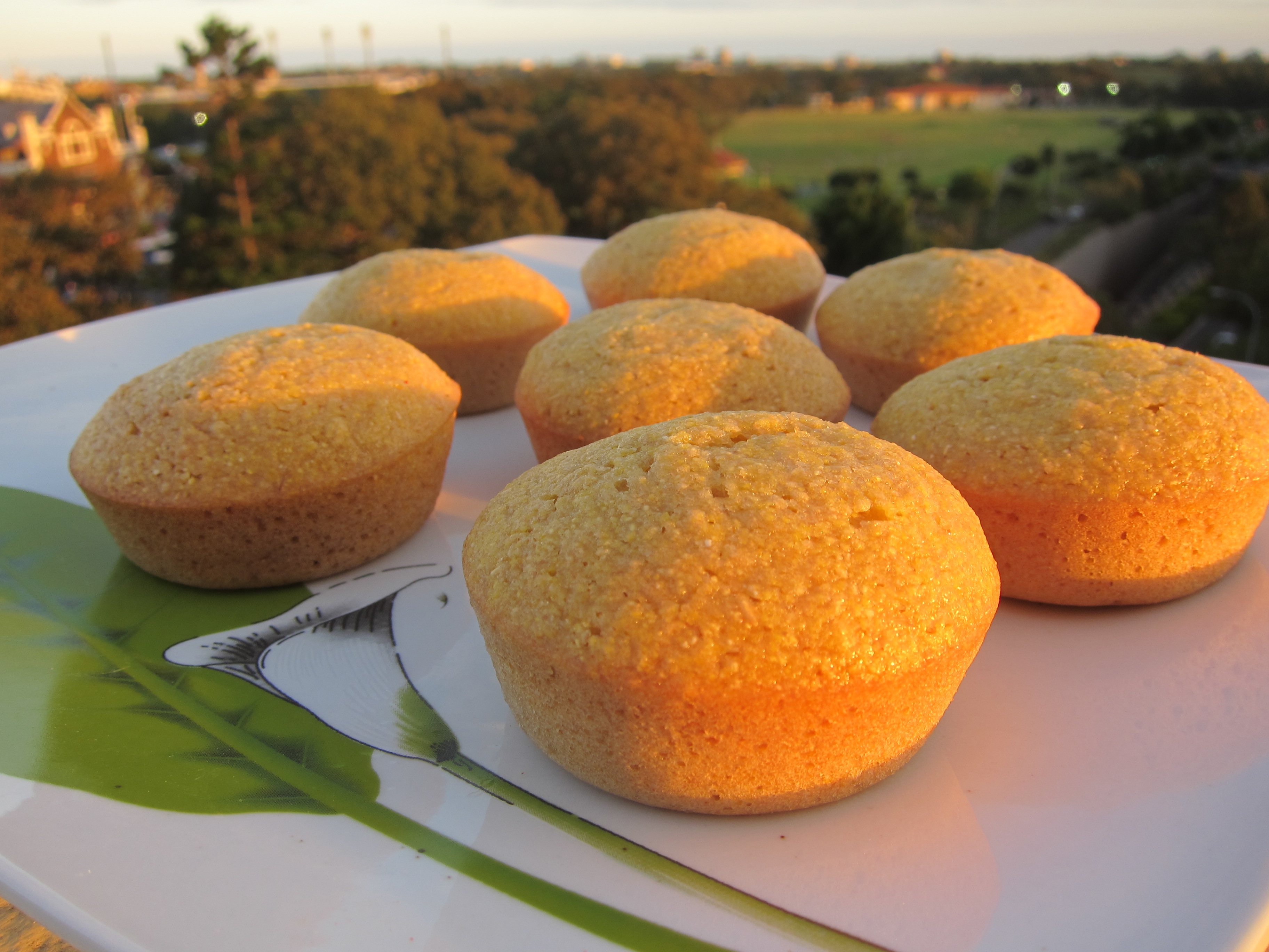 Corn muffins cooling as the sun sets