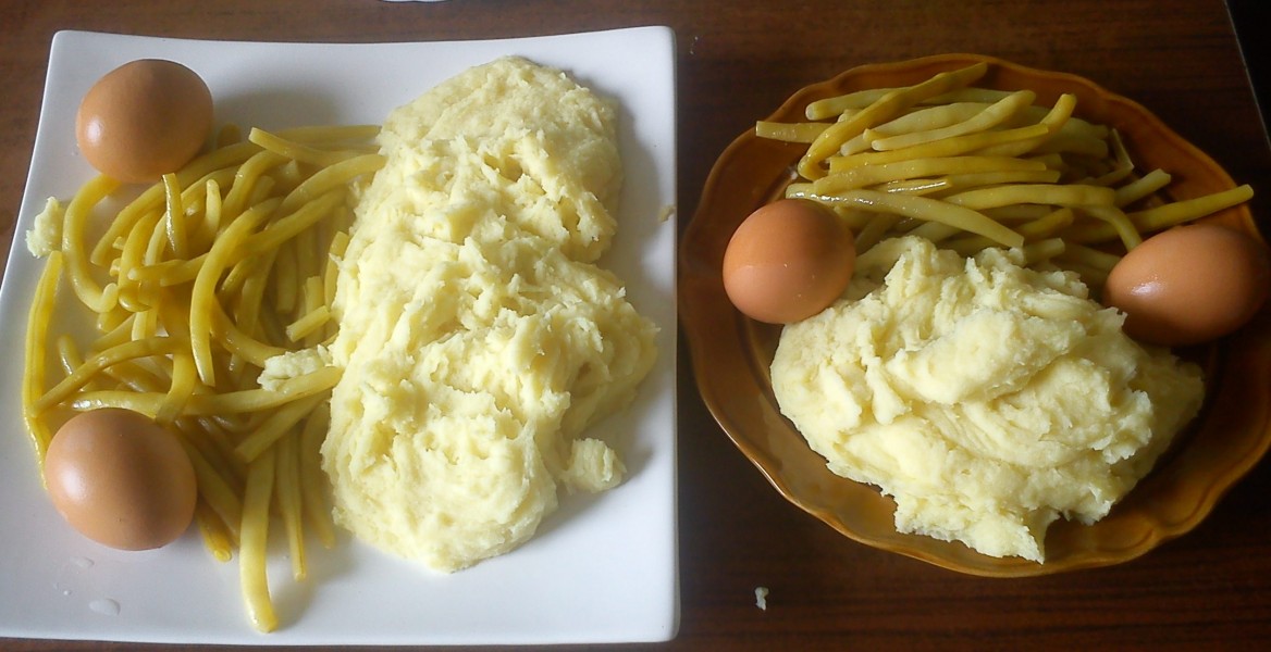 Mashed potatoes, eggs, beans