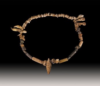 Necklace from the Bronze Age



Description : Disk-like bivalve shell beads - perforated Cerithium shell - canid and cervid canines - bovine incisives - jade beads - calcite pearls - limestone pearls - reindeer horn pearls - copper pearls.
Stage : Holocene Bronze age 1800-1500 BC
Locality : Dolmens de Peyrolevado, Saint-Germain, Millau, Aveyron, France
Former collection of Г‰mile Cartailhac (1845 - 1921)
MusГ©um of Toulouse MHNT.PRE.2009.0.239.1
Size : 170Г—170Г—15 mm