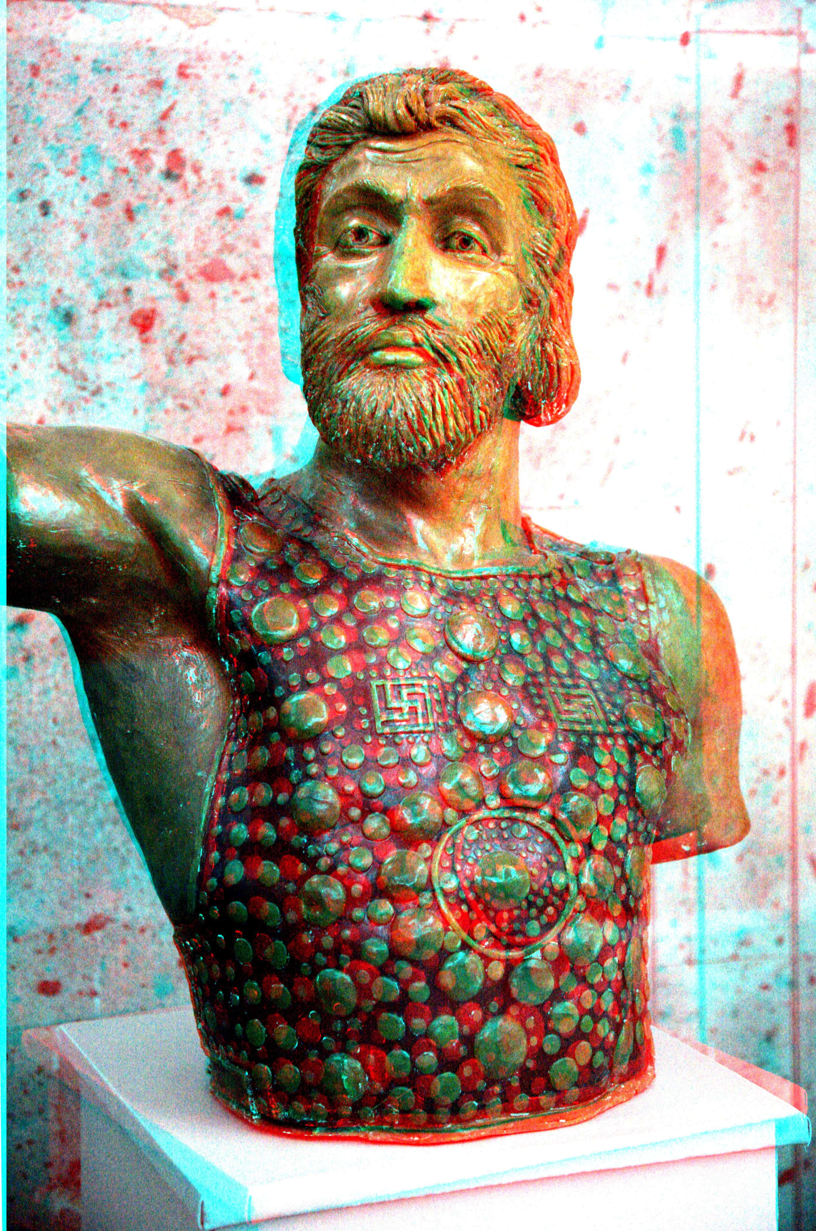 Armenian soldier from Letchashen, 15-14th centuries BC. Reconstructed by Prof. A. D. Tchagharian, Sardarapat museum, Armenia, 3D Anagliph