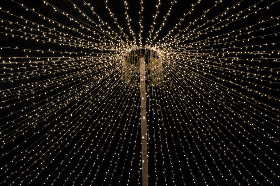 Rice lights converging to a center in a outdoor party decoration