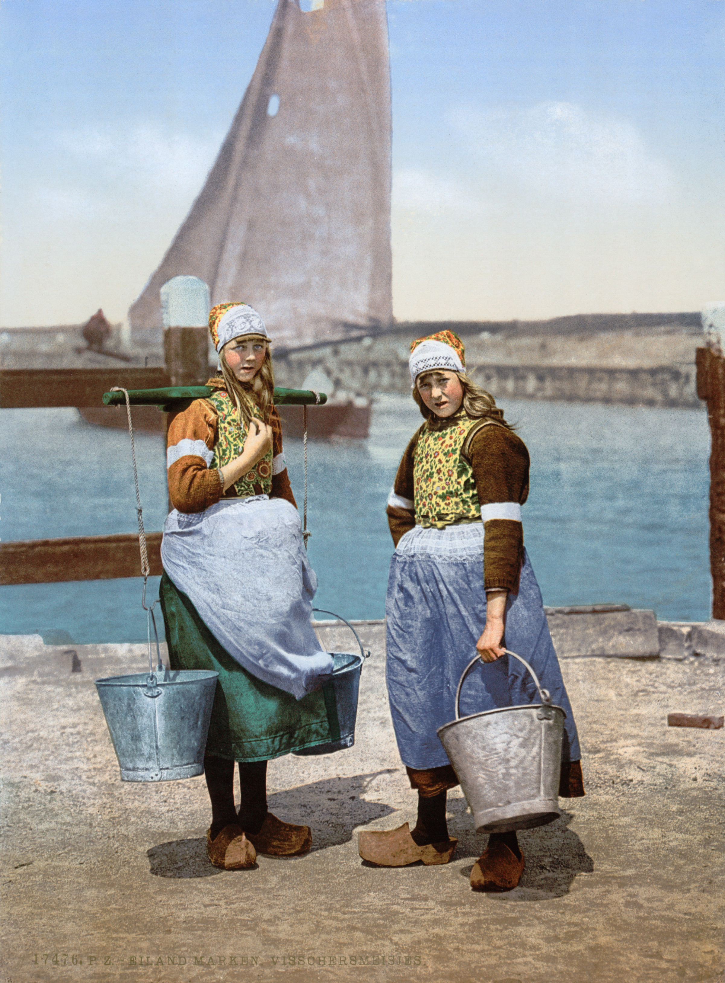 Girls from the isle of Marken in traditional costume around 1900
