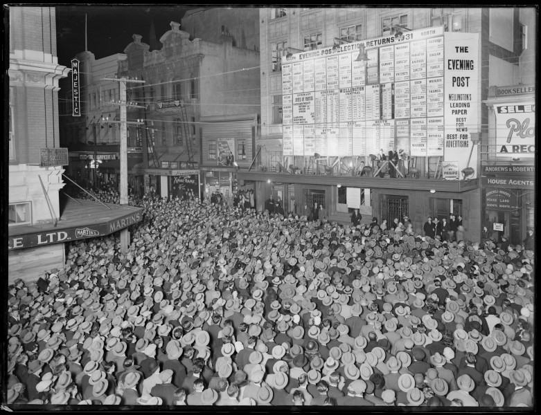Crowd in Willis Street, Wellington, awaiting the results of the 1931 general election, 1931 (3327041430)
