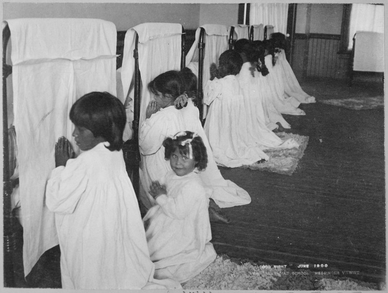 Little Girls Praying Beside Their Beds, Phoenix Indian School, Arizona, 06-1900 - NARA - 518925