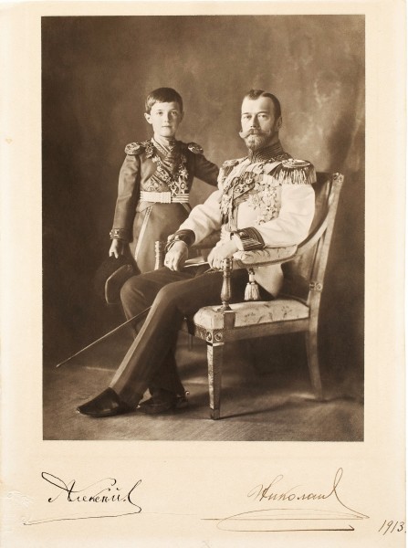 Nicholas II with his son Alexei, portrait with autographs