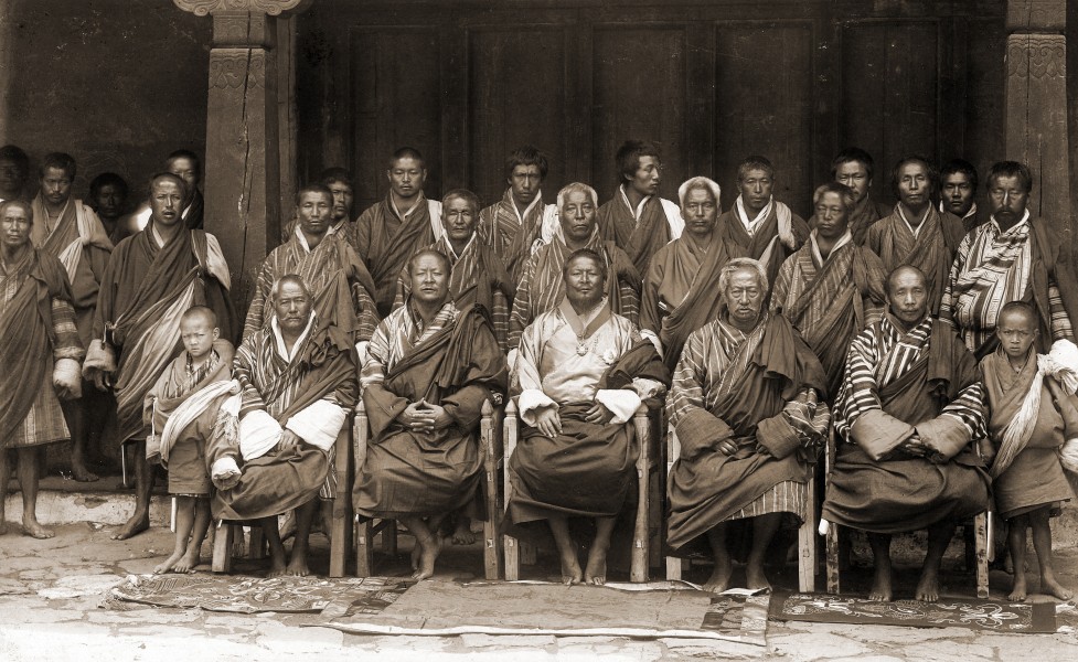 Sir Ugyen Wangchuck and his councillors at Punakha, Bhutan, 1905