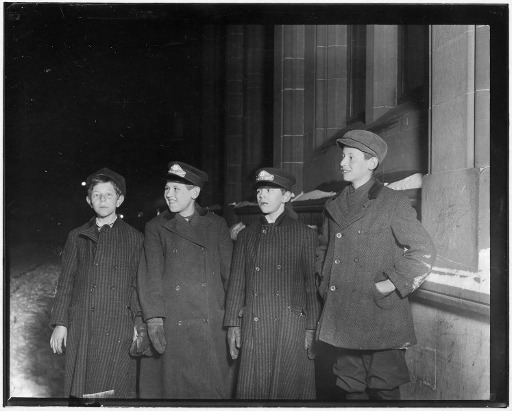 Western Union Messengers on night duty, 10-30 P.M. Left to right, Joseph Strassburg (had just gotten off), Leo... - NARA - 523279