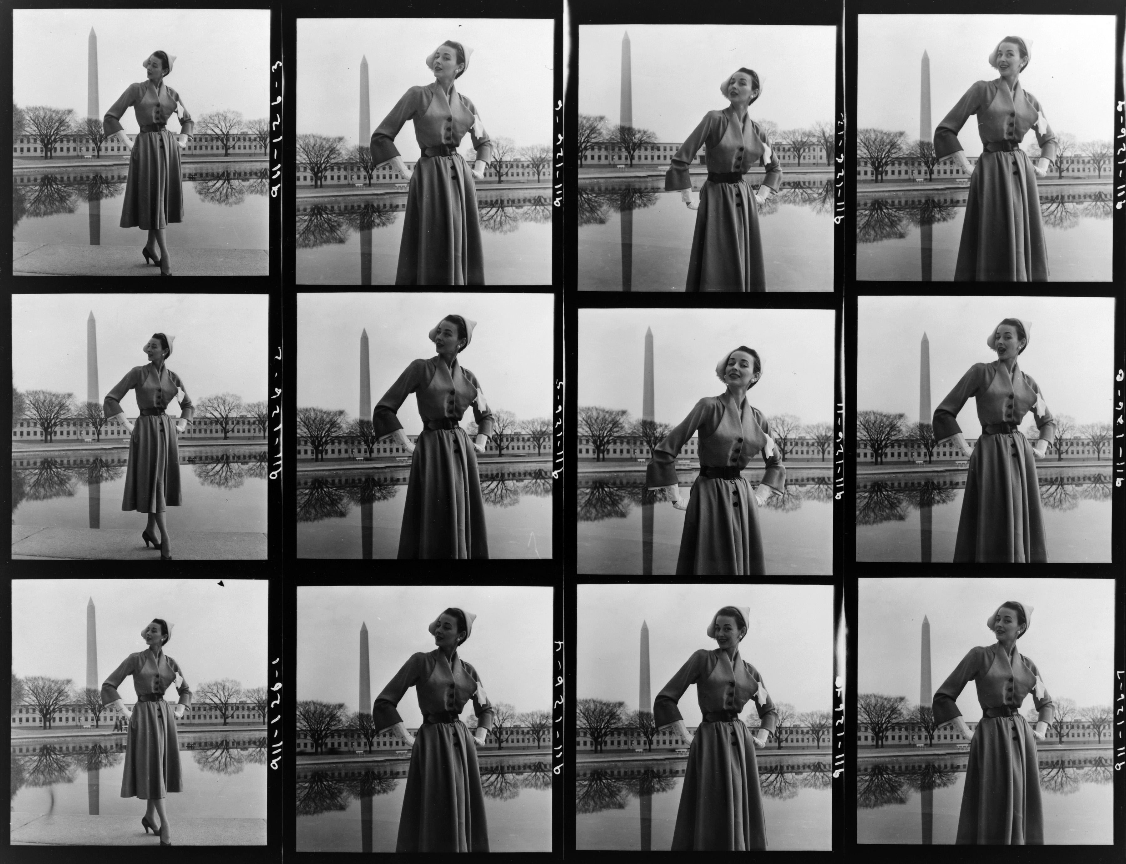 Toni Frissell, fashion model near tidal basin, Washington, D.C., ca. 1946